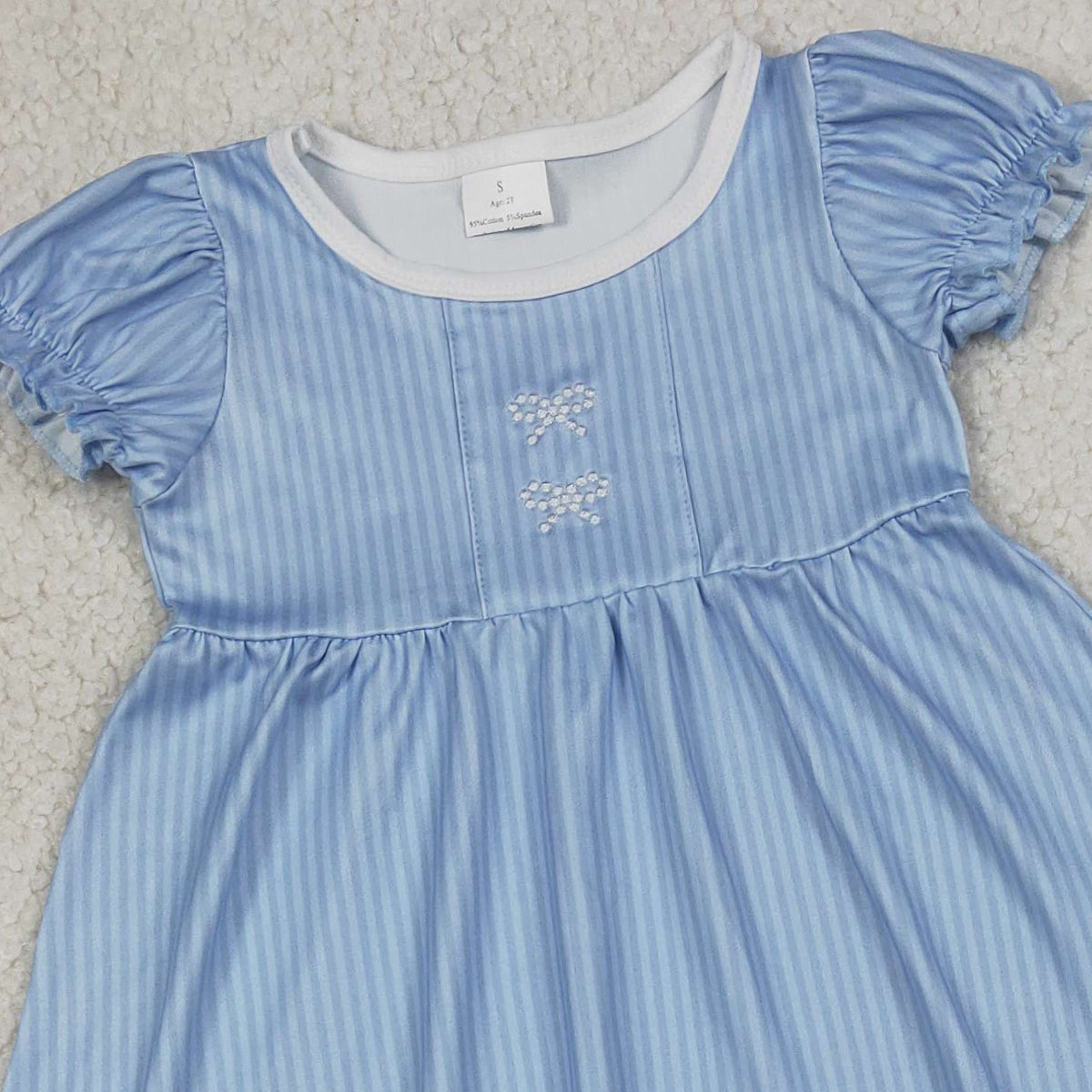 3.23 RTS NO MOQ (In stock)GBO0486 Baby Girls Fashion Embroidery Bows Blue Stripe Tunic Bummies Clothes Sets