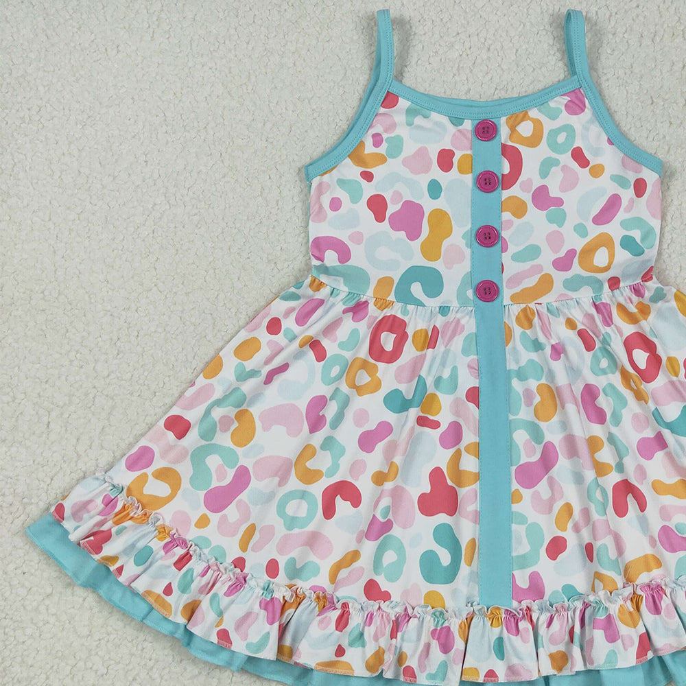 GSD2452 RTS NO MOQ Baby Girls Summer Dress Baby Girls Blue Strap Colorful Leopard Button Knee Length Dresses