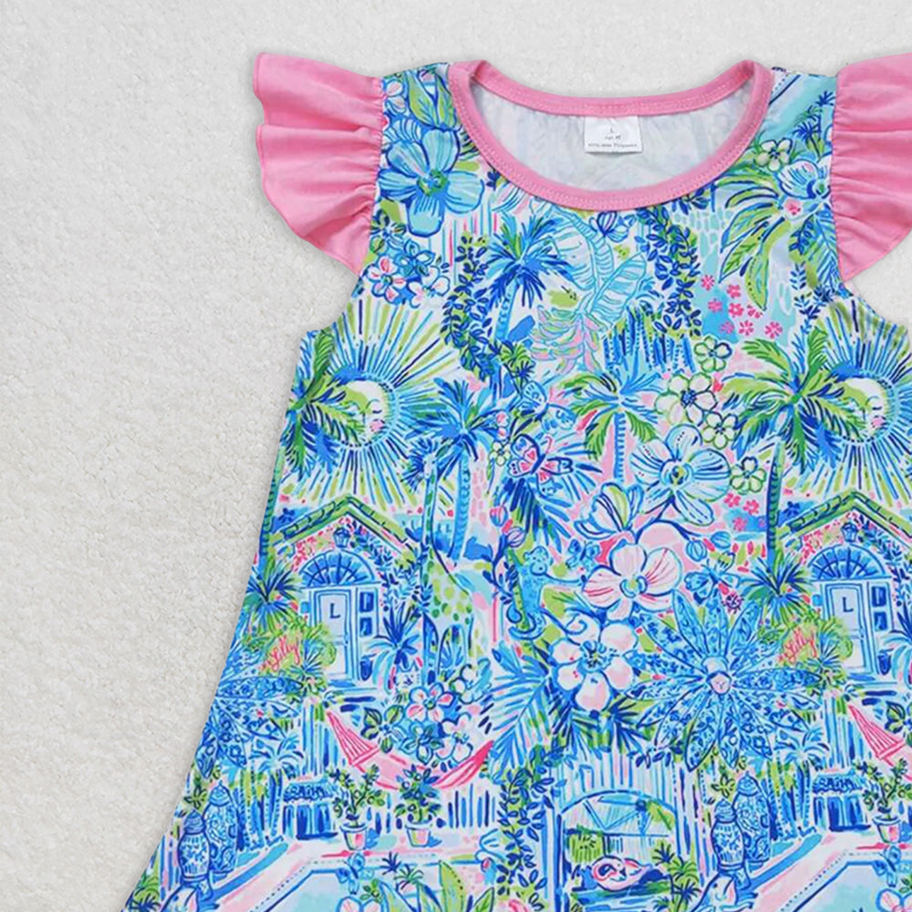 GT0563 RTS NO MOQ Baby Girls Summer Tops Pink flutter sleeves watercolor floral girls shirt