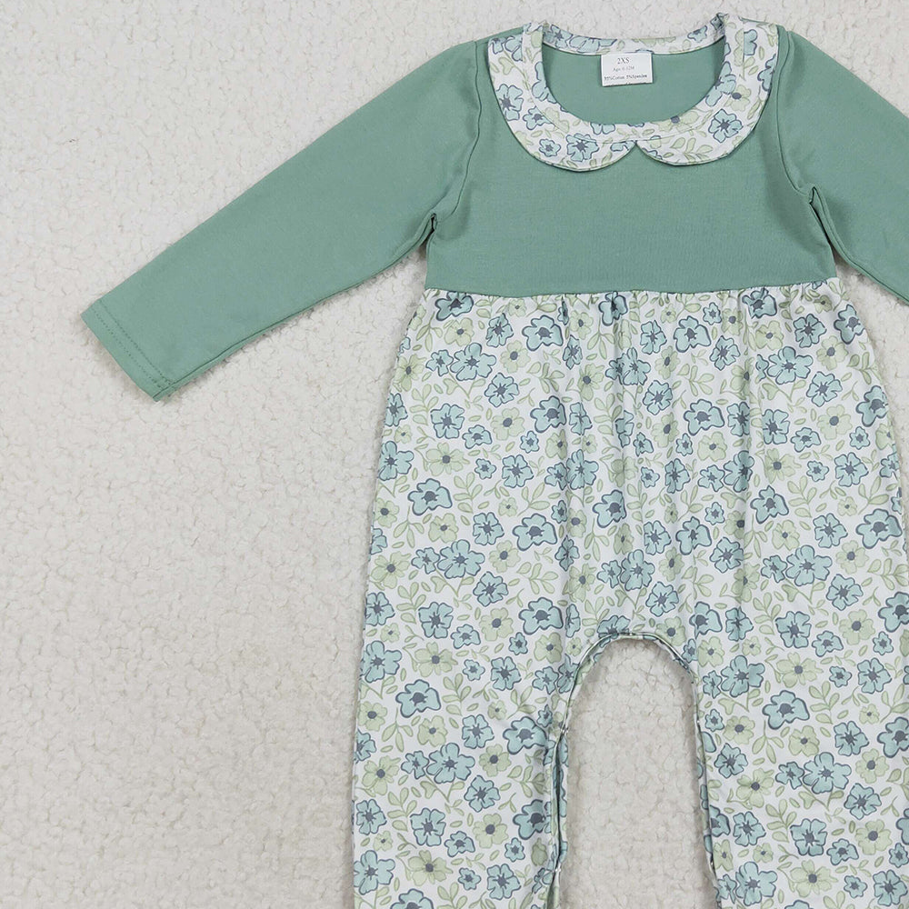 RTS NO MOQ (In stock)LR2258 Baby Girls Winter Rompers Baby Girls Green Long Sleeves Floral Ruffle Pant Rompers