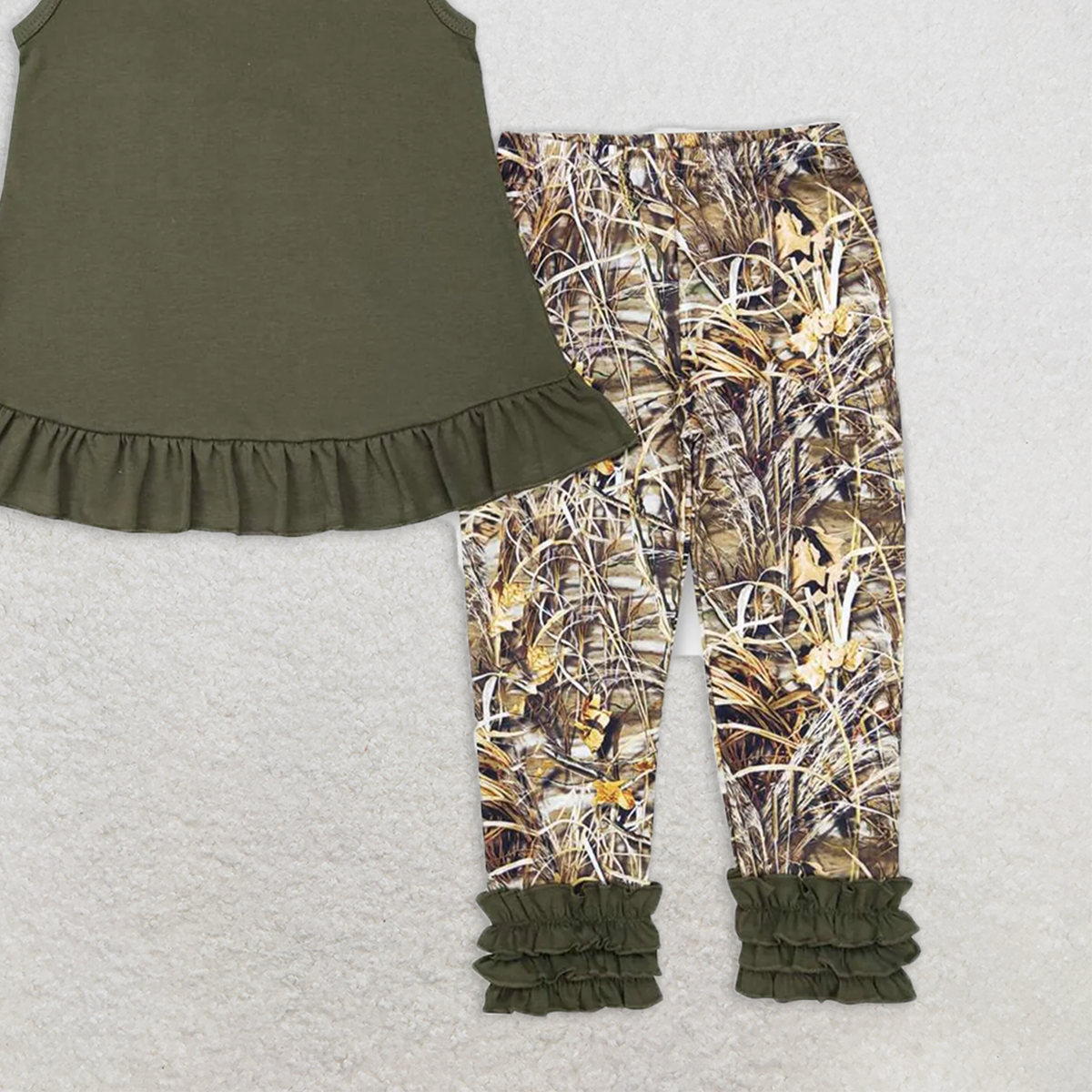 GSPO1089 RTS NO MOQ Baby Girls Spring Outfits Bow tie lace sleeveless top camouflage tree branch trousers set