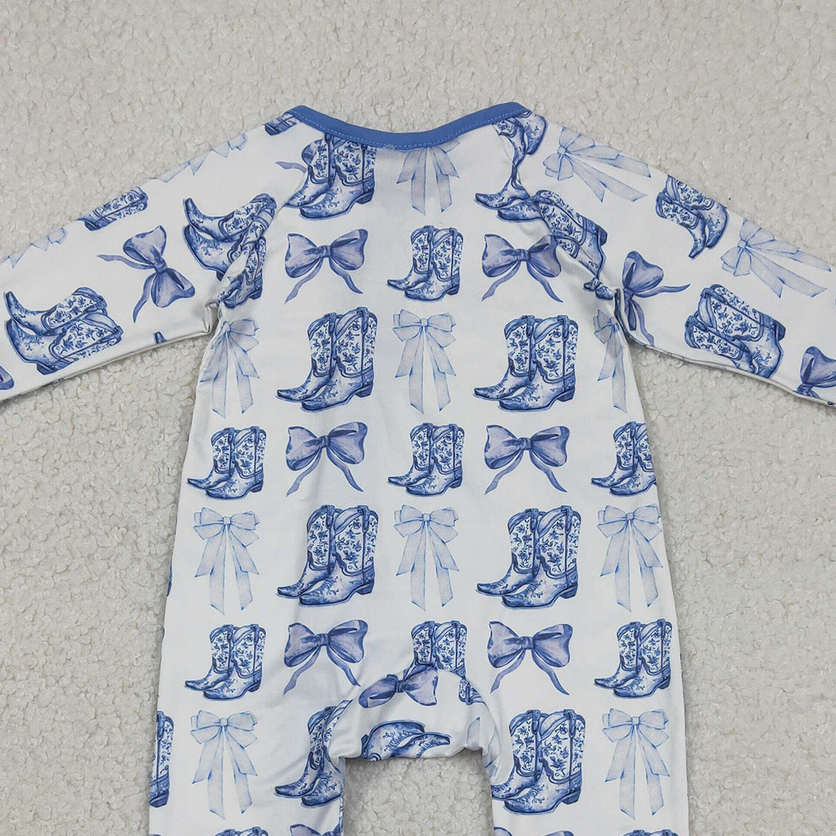 12.29 RTS NO MOQ (In stock)LR2767 Baby Girls Winter Rompers Baby Girls Bows Boots Western Two Way Zip Convertible Rompers