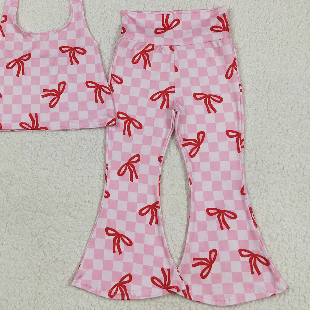 8.16 GSPO2030 RTS NO MOQ Baby Girls Spring Outfits Baby Girls Strap Pink Plaid Vest Halter Top Bell Bottom Pant Sets