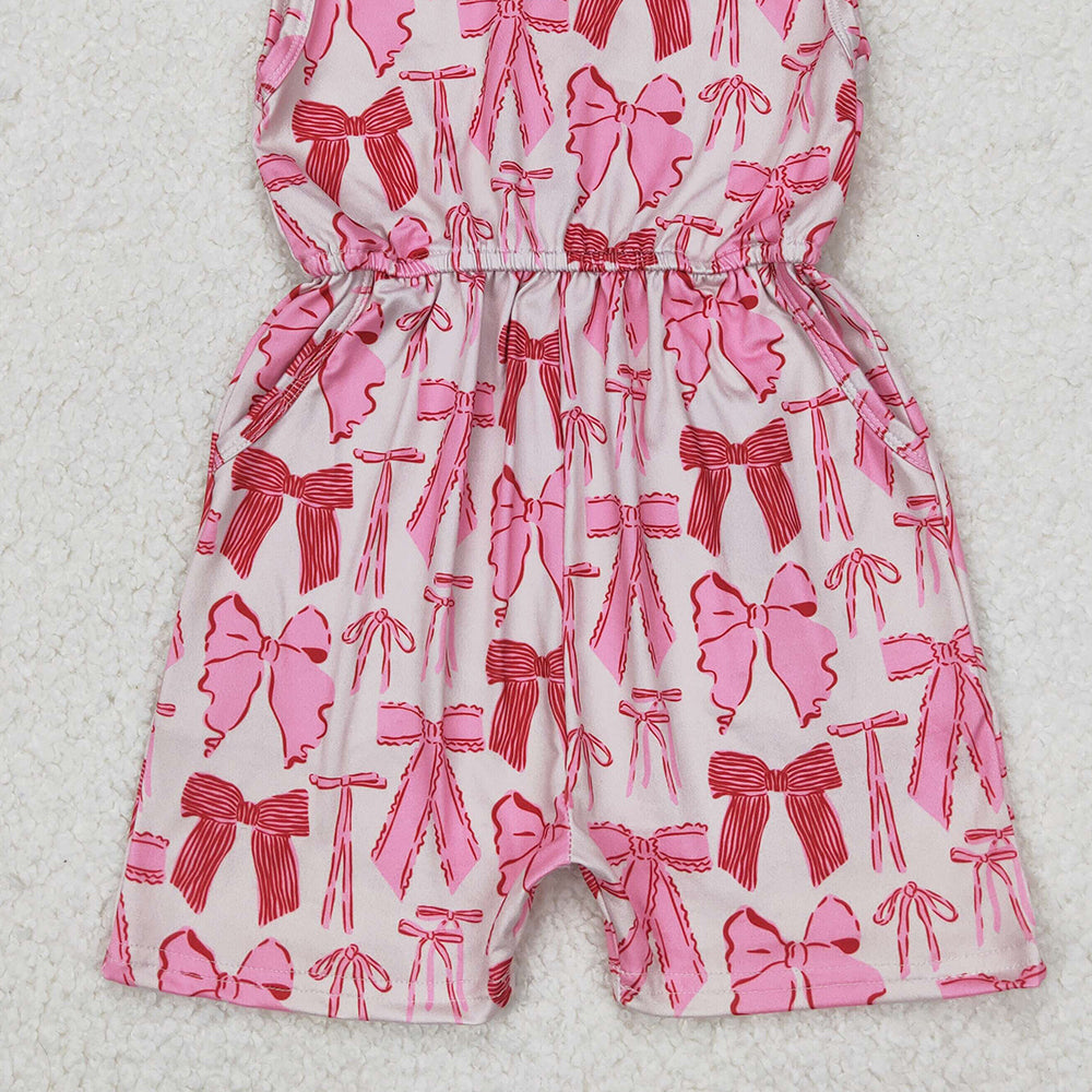 4.17 SR2670 RTS NO MOQ Pink short sleeves bow pocket girls summer jumpsuit