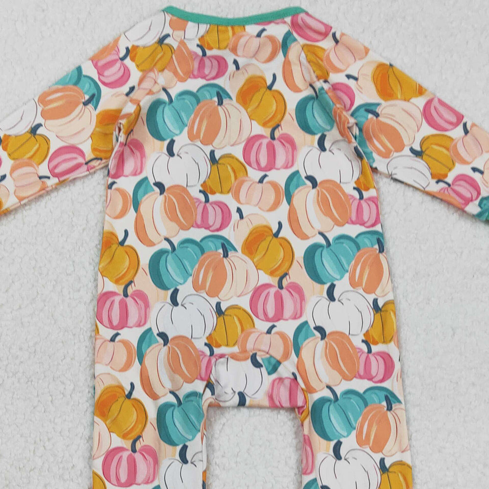 RTS NO MOQ (In stock)LR2552 Baby Boys Winter Rompers Baby Boys Colorful Pumpkins Plaid Fall Zipper Footie Rompers
