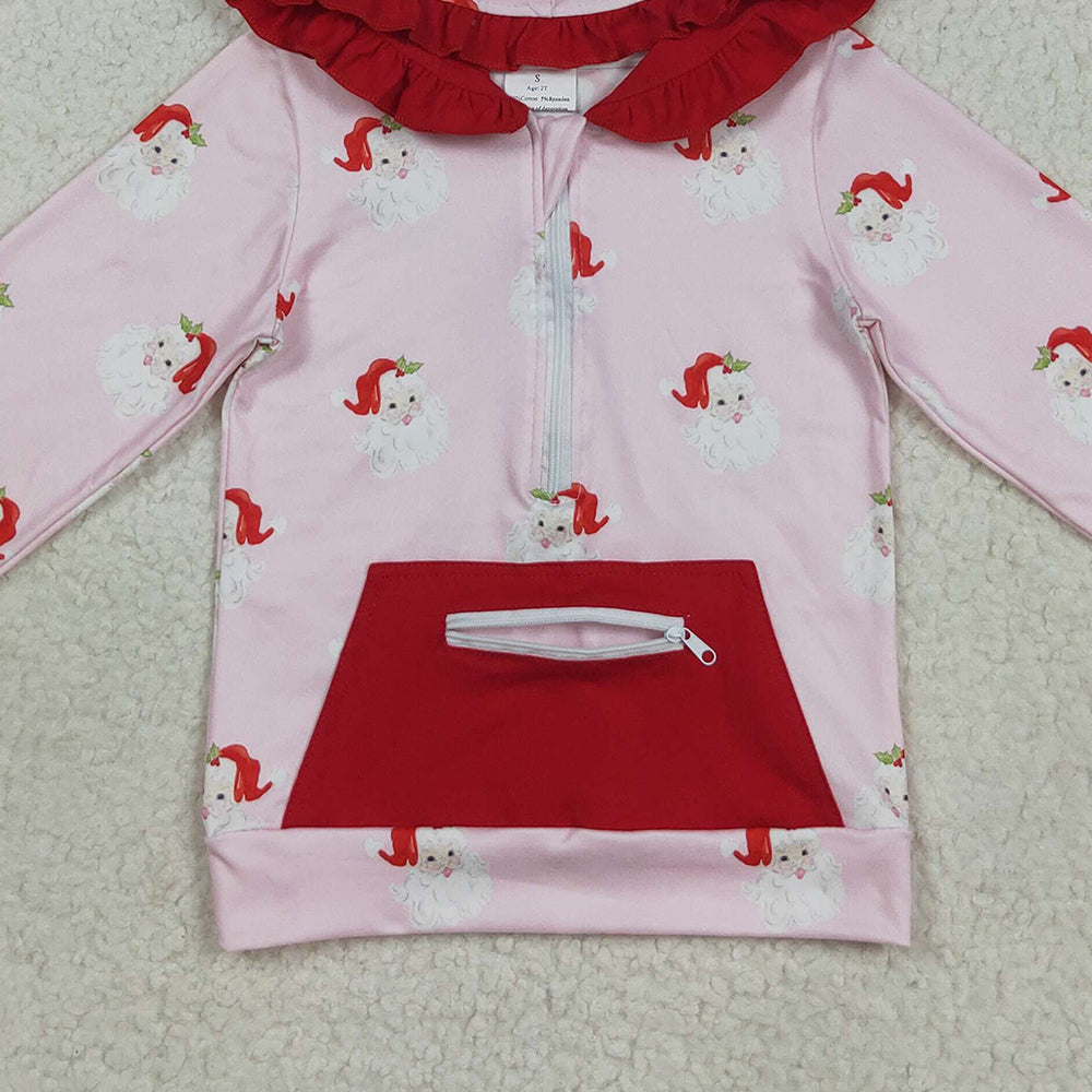 RTS NO MOQ (In stock)GT1047 Baby Girls Long Sleeve Tops Baby Girls Pink Long Sleeves Santa Pocket Zipper Hoodies Top