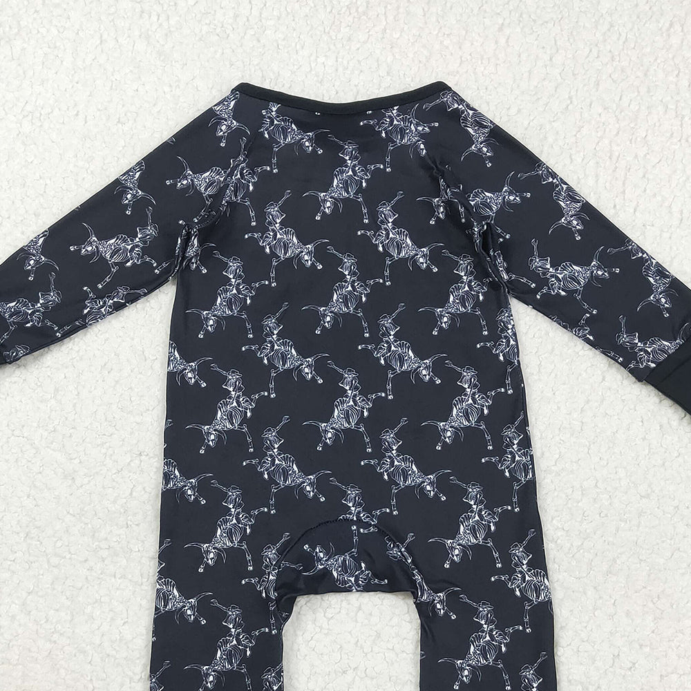RTS NO MOQ (In stock)LR2466 Baby Boys Winter Rompers Baby Boys Black Horse Rodeos Western Zipper Pant Rompers