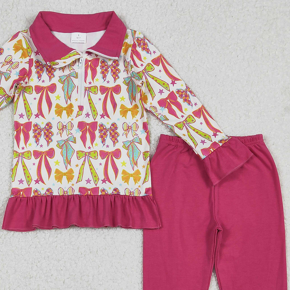 RTS NO MOQ (In stock)GLP2616 Baby Girls Winter Outfits Long Ruffle Sleeves Pink Bows Stars Zipper Top Legging Pants Sets