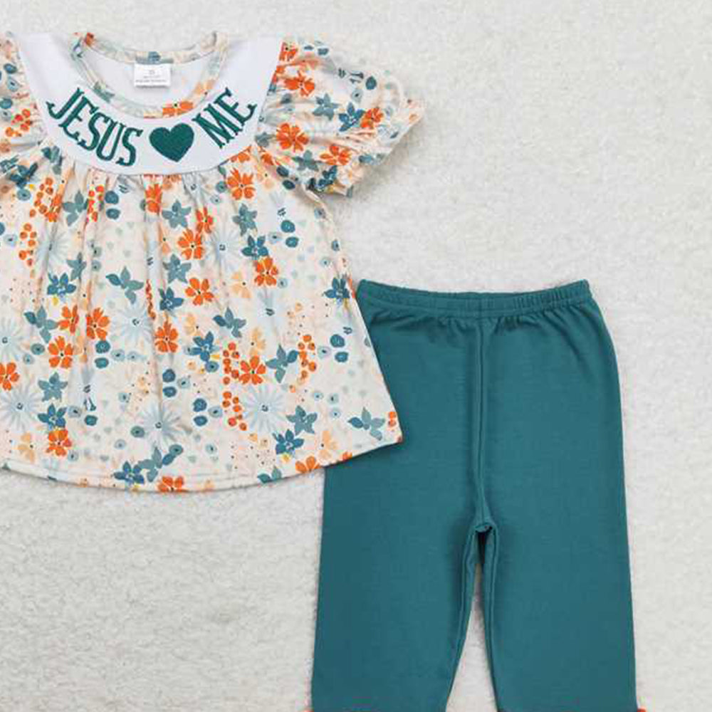4.30 GSPO1659 RTS NO MOQBaby Girls God is Good Floral Top Pants Outfit