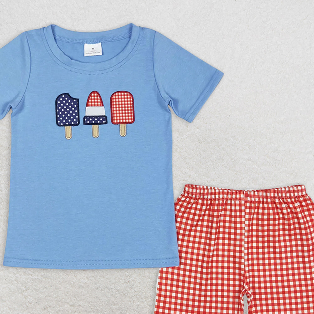 BSSO0744 RTS NO MOQ Baby Boys Summer Boys Outfits Blue popsicle top plaid shorts boys 4th of july clothing