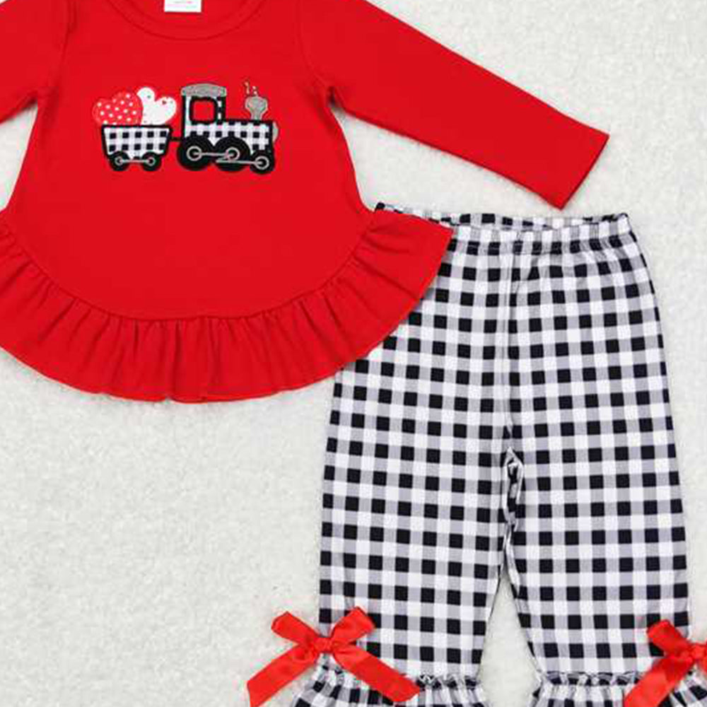GLP0908Girls Red Plaid Truck Heart Tunic Pants Outfit Valentine's Day Clothing Set