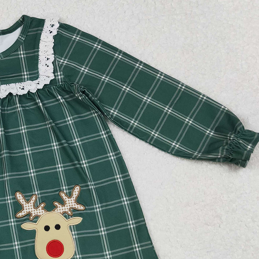 9.27 RTS NO MOQ (In stock)GLD0561 Baby Girls Winter Dress Embroidery Deer Baby Girls Green Checkered Christmas Knee Length Dresses