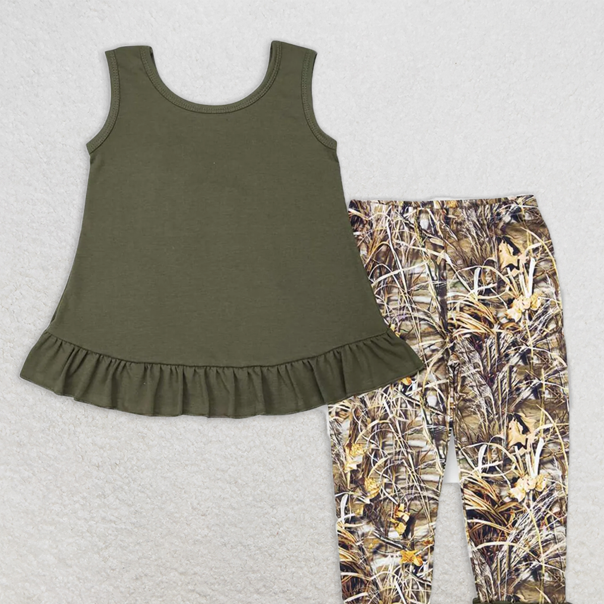 GSPO1089 RTS NO MOQ Baby Girls Spring Outfits Bow tie lace sleeveless top camouflage tree branch trousers set