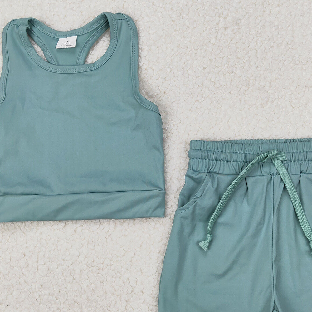 4.30 GSSO2133 RTS NO MOQ Sleeveless olive top pockets shorts girls active wear clothes