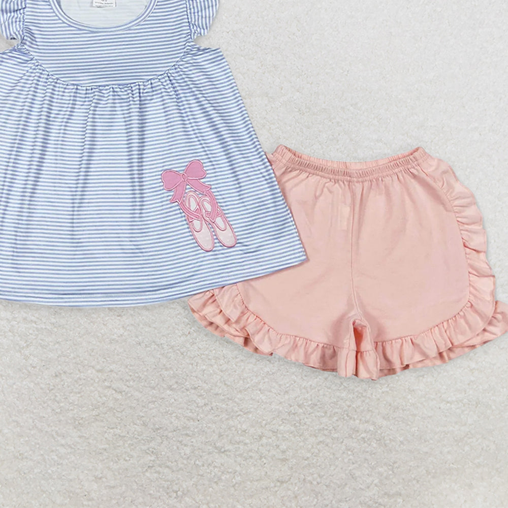 GSSO0582RTS NO MOQ Baby Girls Summer Outfits Baby Girls Dance Shoes Ballet Design Rompers Dresses Clothes Sets