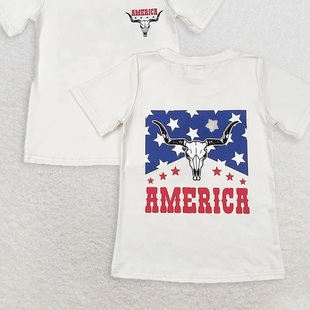 GT0465 RTS NO MOQ Baby girls Cow 4th Of July Short Sleeve Tee Shirts Tops