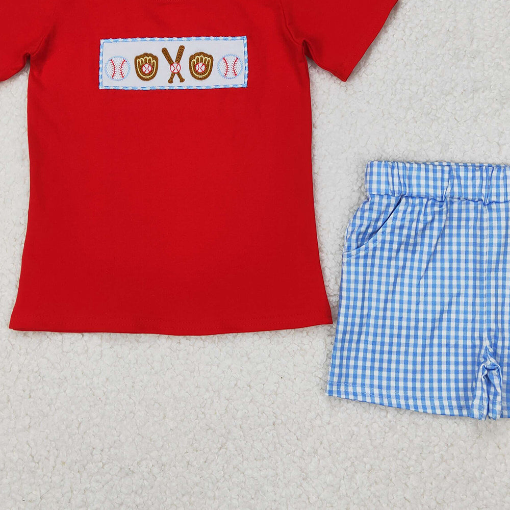 5.16 BSSO1283 RTS NO MOQ Red baseball top plaid shorts boys summer outfits