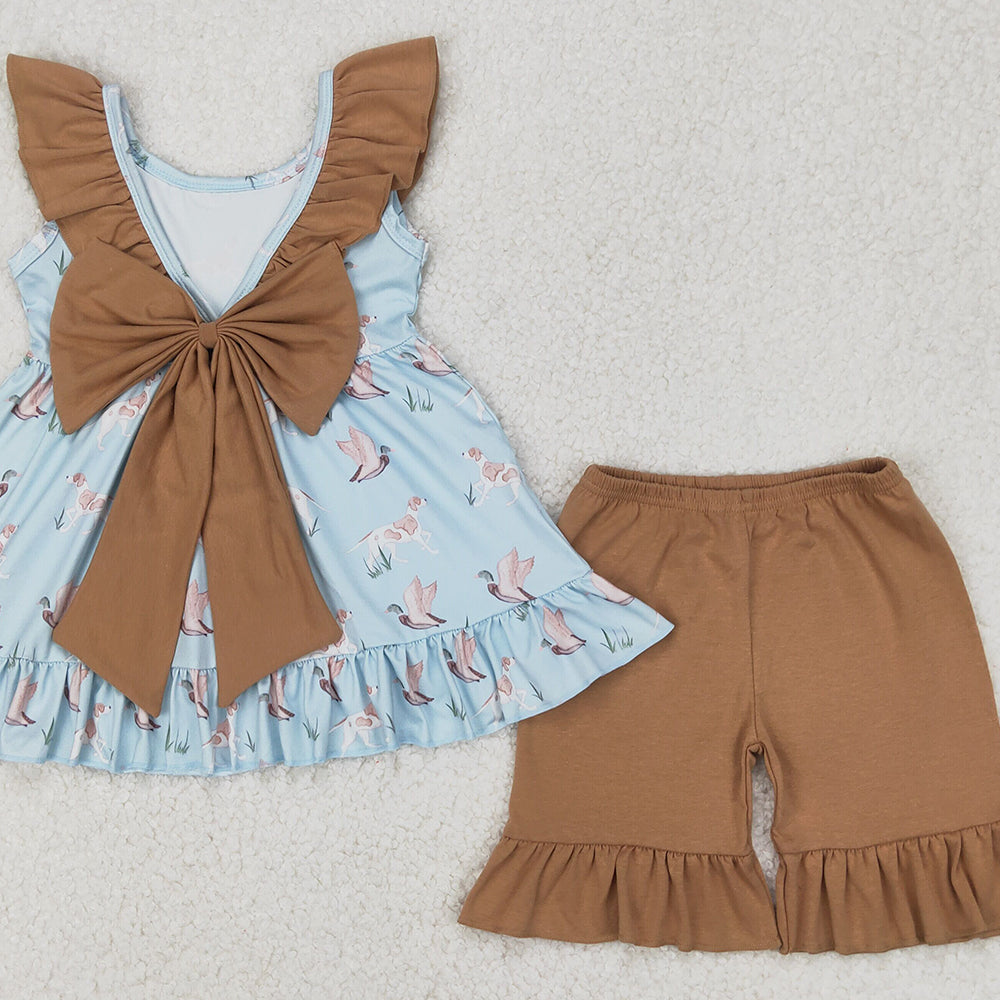 6.11 GSSO2385 RTS NO MOQ Baby Girls Summer Outfits Baby Girls Hunting Mallard Tunic Top Ruffle Shorts Outfit
