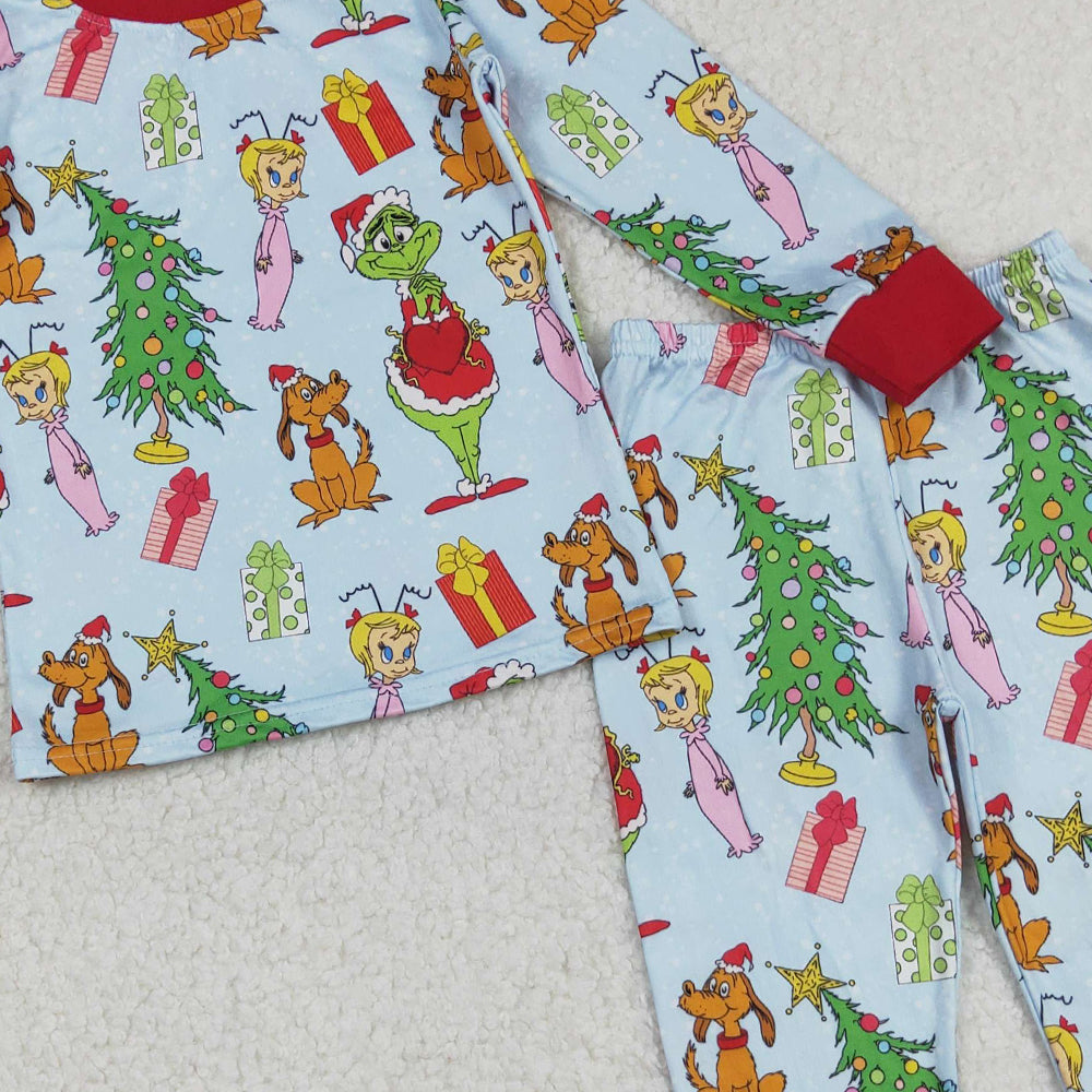 RTS NO MOQ (In stock)BLP1189 Baby Boys Winter Outfits Green Face Christmas Tree Long Sleeve Baby Kids Pajamas