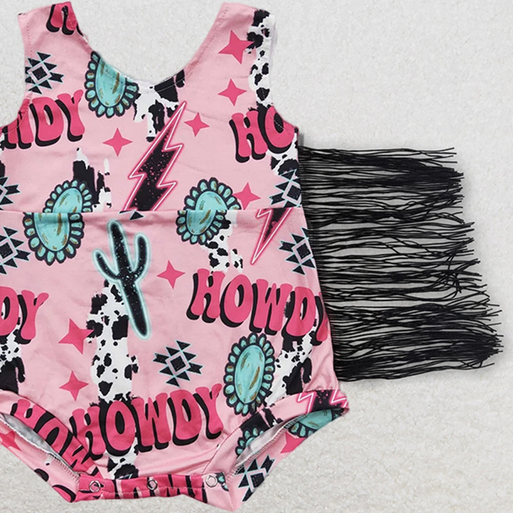 SR0324RTS NO MOQ Baby Girls Summer Rompers Baby Girls Western Tassel Howdy Pink Rompers