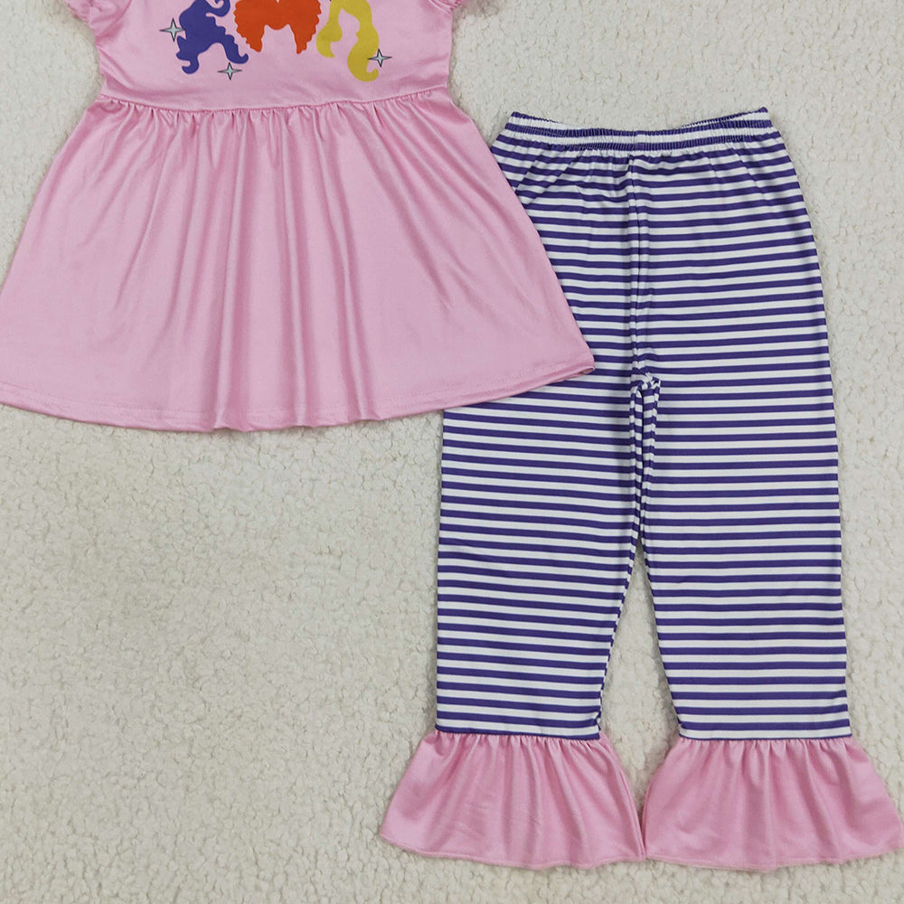 RTS NO MOQ (In stock)GSPO2043 Baby Girl Autumn Outfits Baby Girls Pink Halloween Princess Hair Tunic Stripe Ruffle Pants Sets