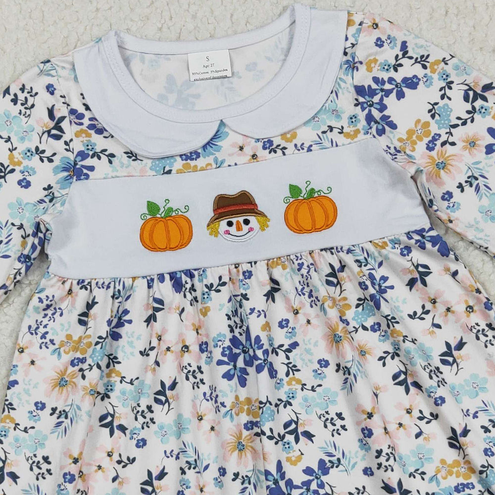 RTS NO MOQ (In stock)GLD1071 Baby Girls Winter Dress Embroidery Baby Girls Long Ruffle Sleeves Floral Pumpkins Knee Length Dress