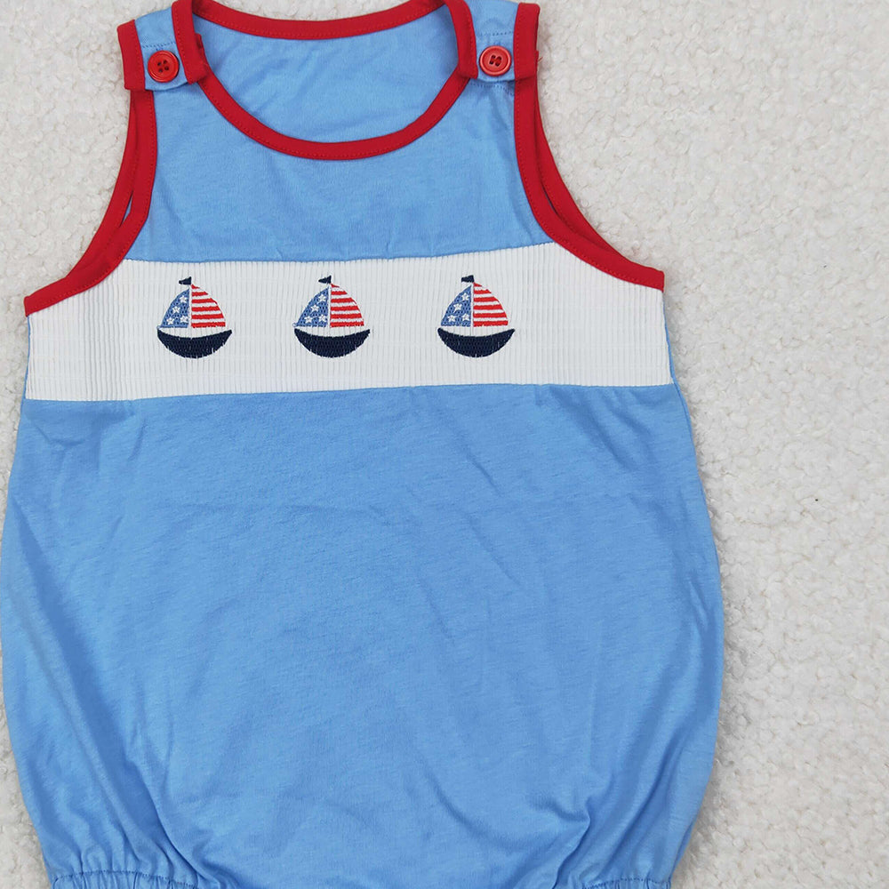 4.10 SR2574 RTS NO MOQ Baby Boys Summer Romper Baby Boys Blue Sleeveless Flag Boats 4th Of July Smocked Romper