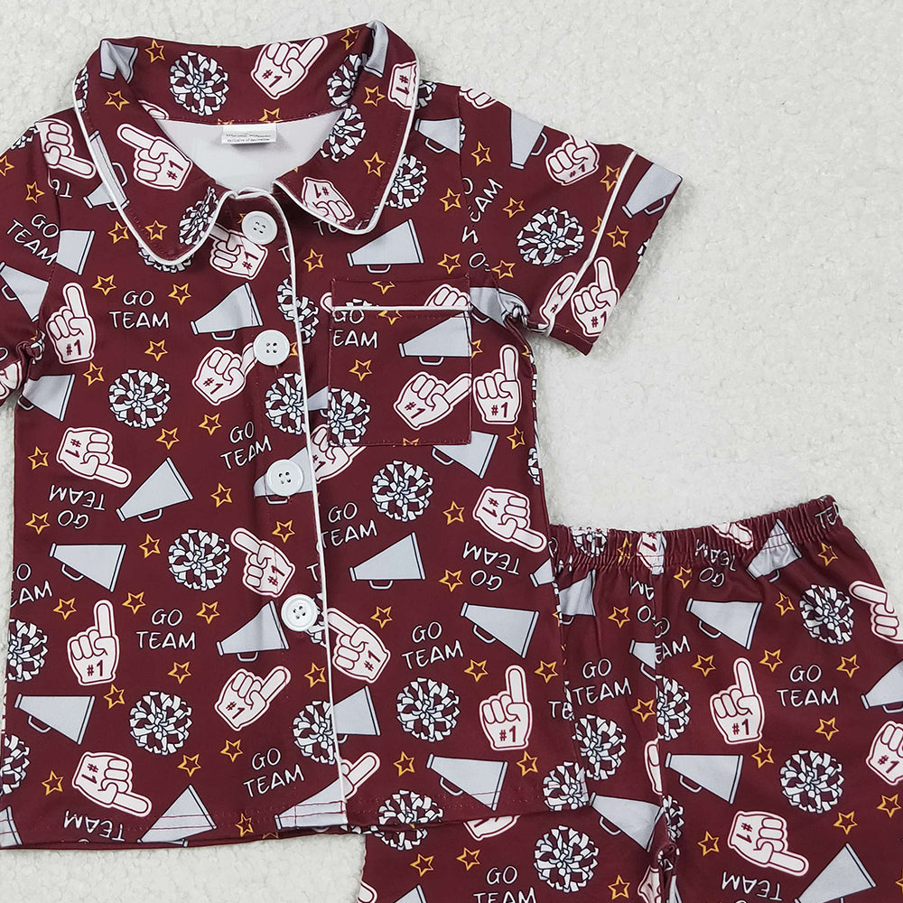 RTS NO MOQ (In stock)GSSO2678 Baby Girls Summer Pajamas Outfits Dark Red Short Sleeve Button Top Pajamas Set Cheer Team Outfit Comfortable Sleepwear for Infants
