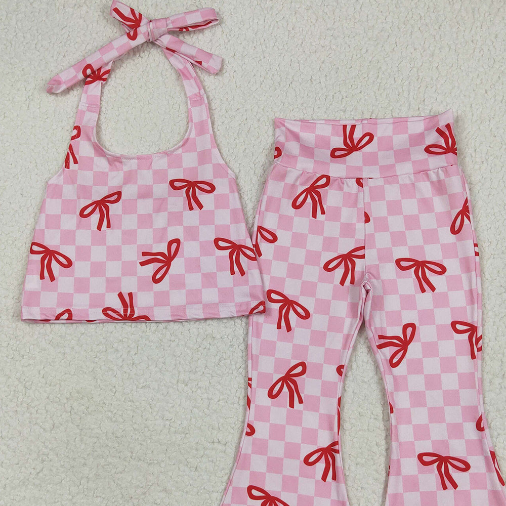 8.16 GSPO2030 RTS NO MOQ Baby Girls Spring Outfits Baby Girls Strap Pink Plaid Vest Halter Top Bell Bottom Pant Sets