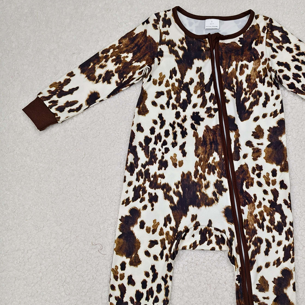 7.22 LR2189 RTS NO MOQ Baby Boys Winter Rompers Cute Baby Cow Print Long Sleeve Zipper Romper