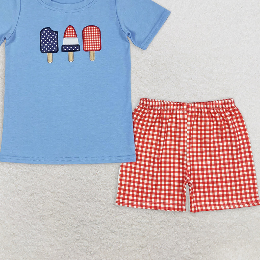 BSSO0744 RTS NO MOQ Baby Boys Summer Boys Outfits Blue popsicle top plaid shorts boys 4th of july clothing