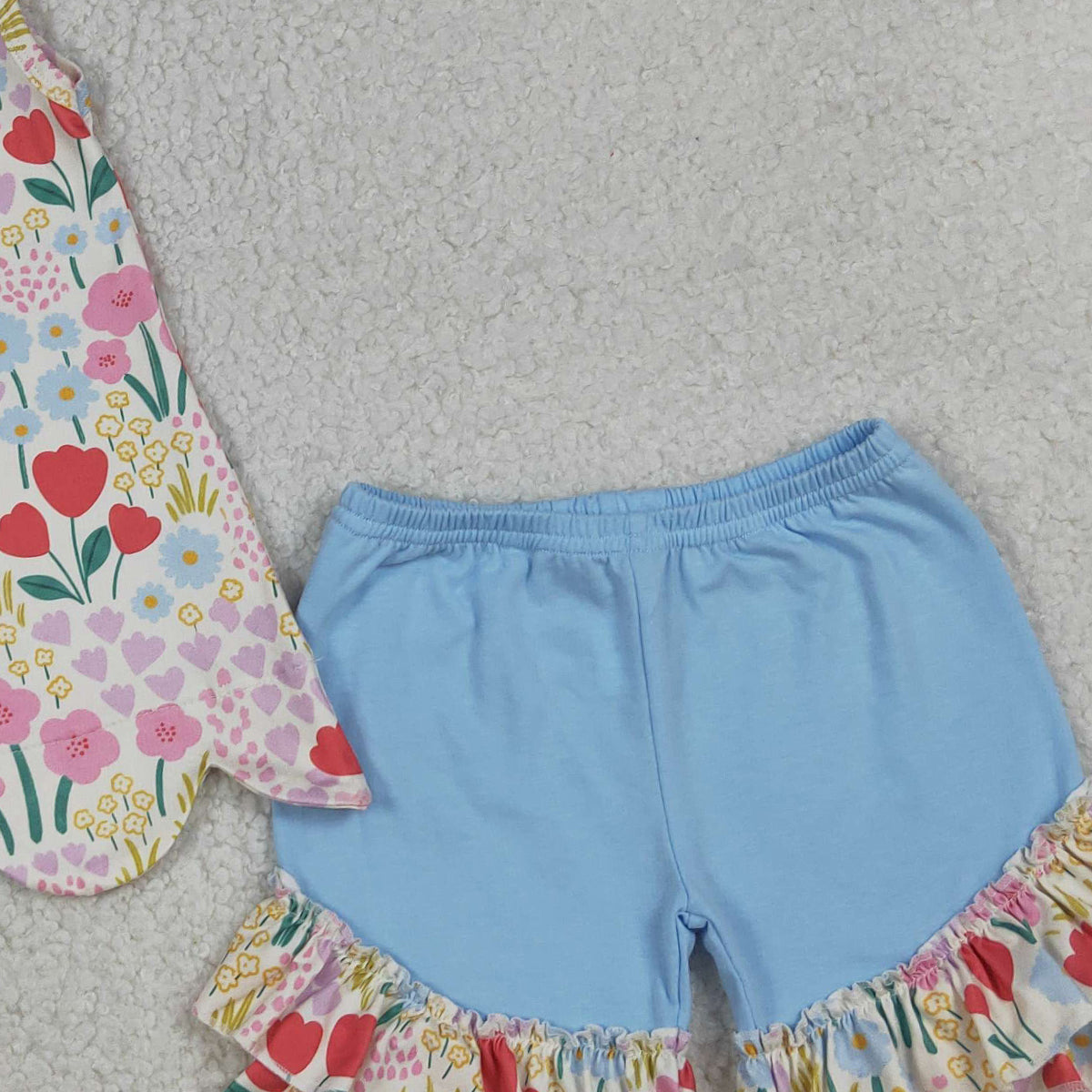 4.7 GSSO3390 RTS NO MOQ (In stock )Baby Girls Sleeveless Colorful Flowers Scallop Tunic Ruffle Shorts Clothes Set