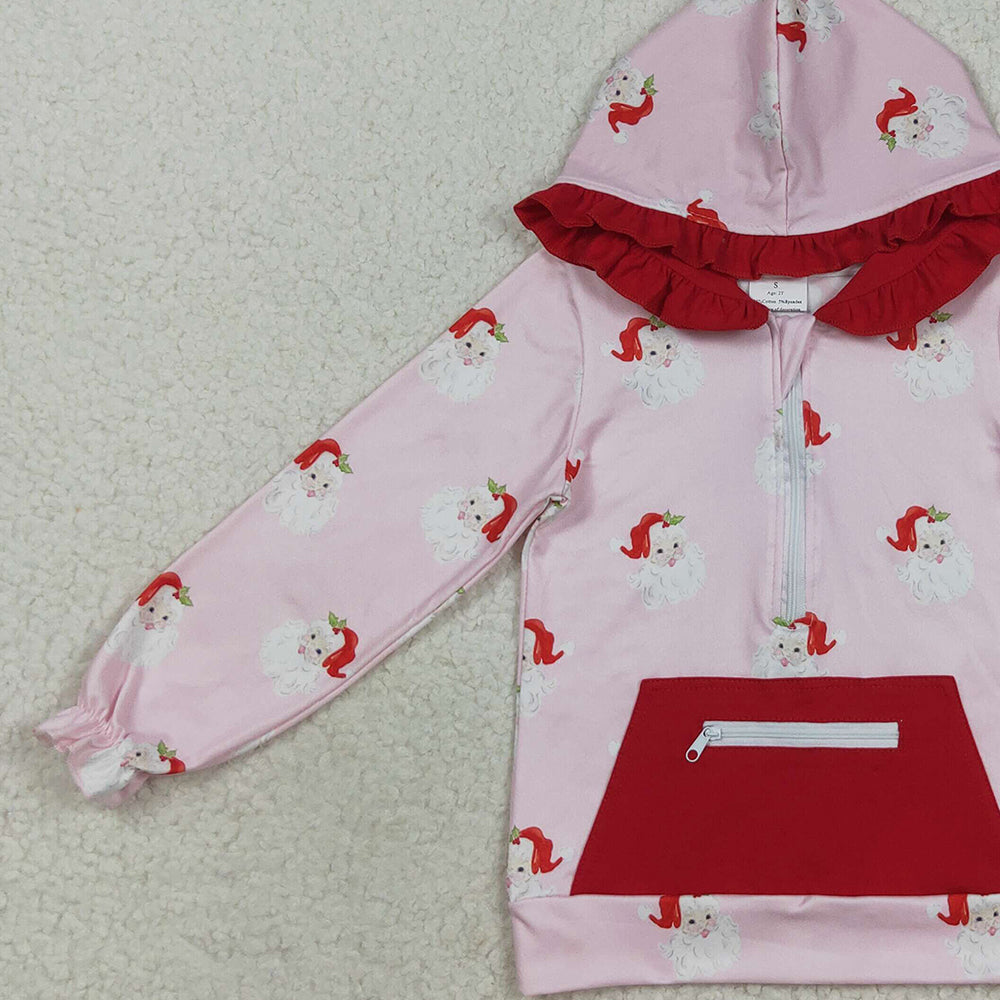 RTS NO MOQ (In stock)GT1047 Baby Girls Long Sleeve Tops Baby Girls Pink Long Sleeves Santa Pocket Zipper Hoodies Top