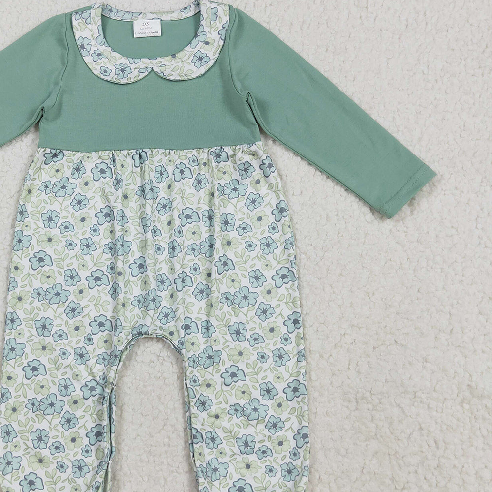 RTS NO MOQ (In stock)LR2258 Baby Girls Winter Rompers Baby Girls Green Long Sleeves Floral Ruffle Pant Rompers