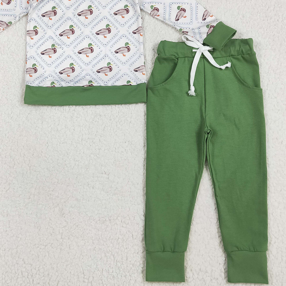 RTS NO MOQ (In stock) BLP1071 Baby Boys Winter Outfits Baby Boys Long Sleeves Green Ducks Top Pockets Legging Pant Pajamas Sets