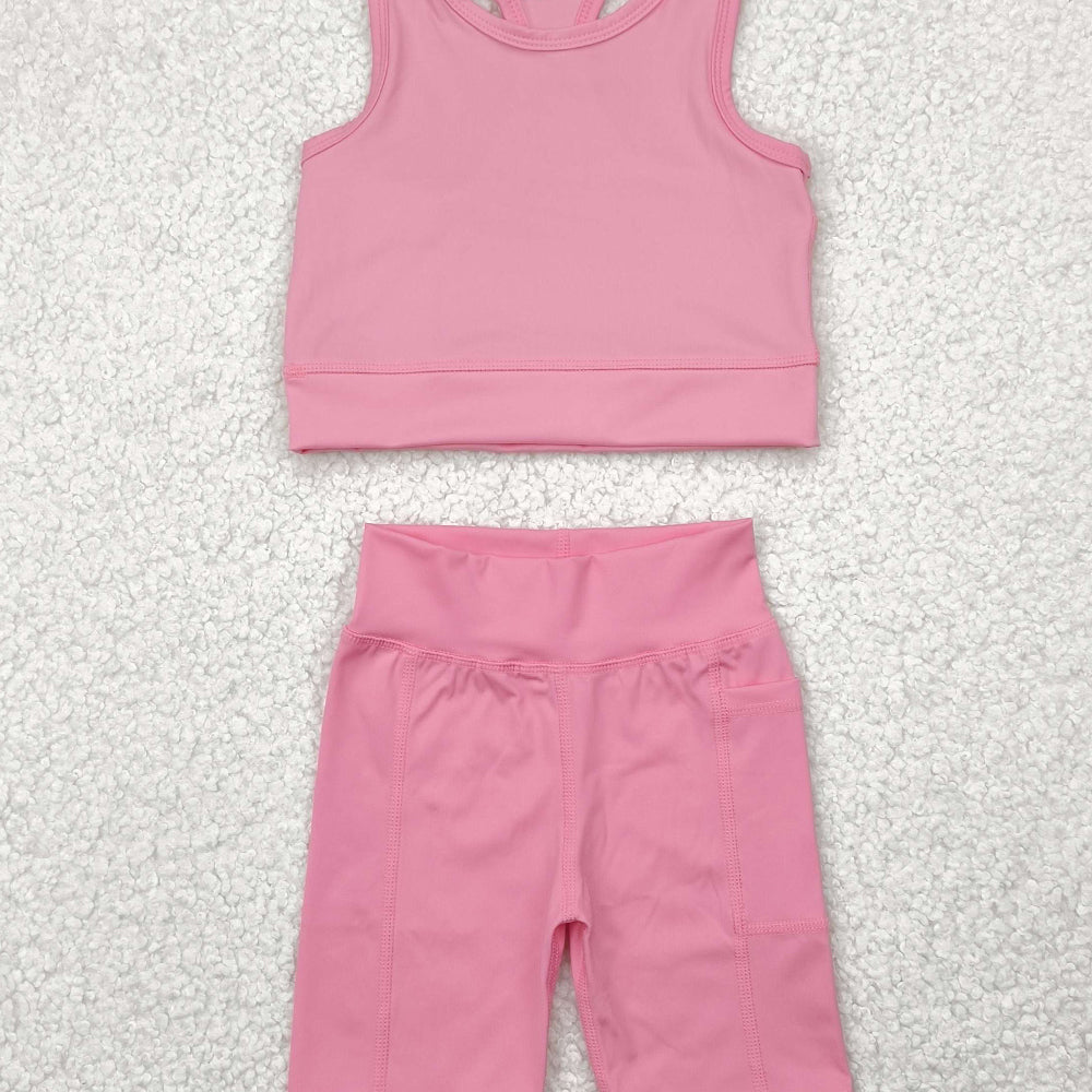 5.15 GSSO1516 RTS NO MOQ Baby Girls Yoga Outfits Light pink straps top shorts girls summer yoga clothes