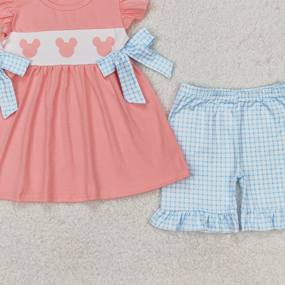 4.25 GSSO2126 RTS NO MOQ Flutter sleeves mouse tunic plaid shorts girls clothes