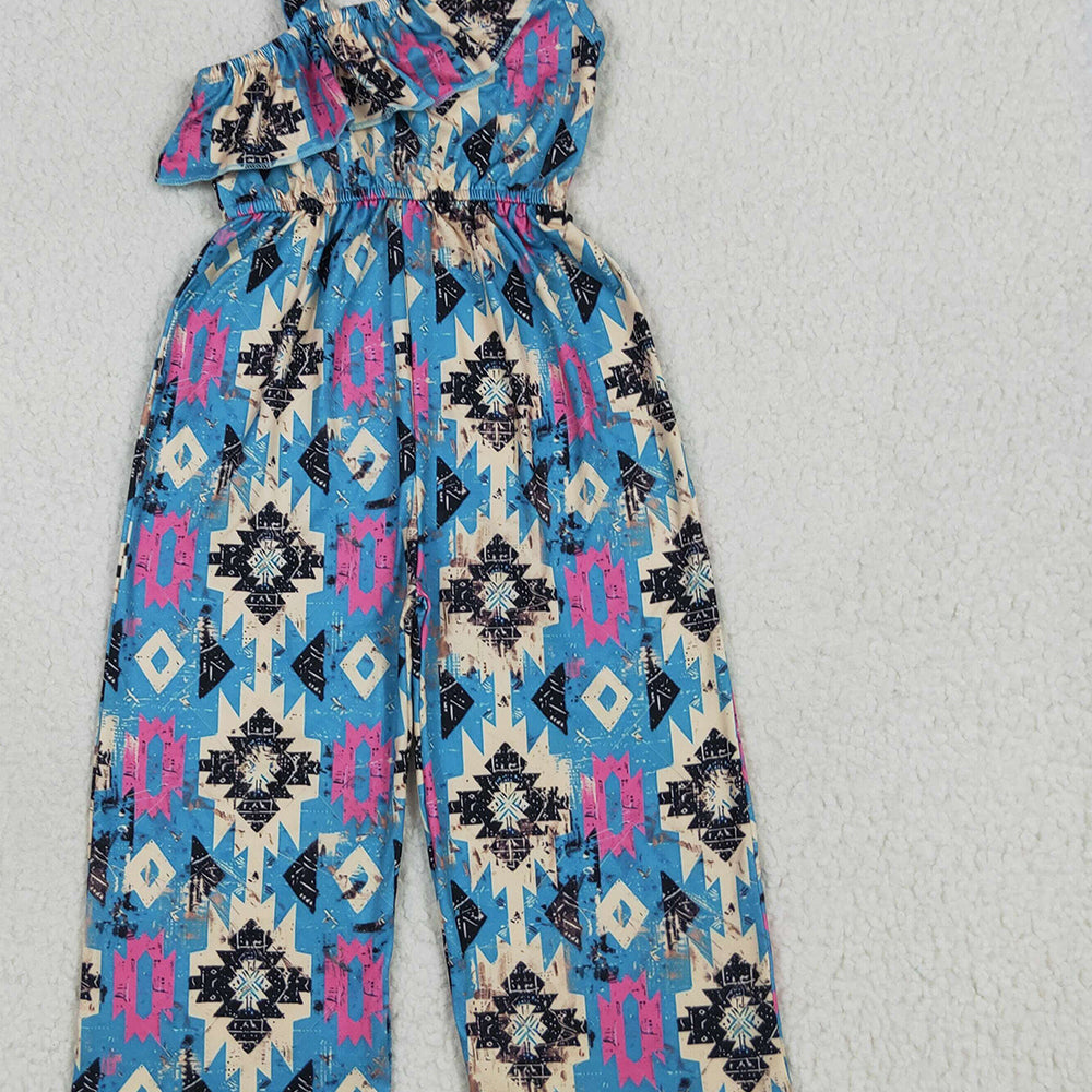 SR1977 RTS NO MOQ Baby Girls Summer Jumpsuits Baby Girls Western Turquoise Aztec Straps Jumpsuits