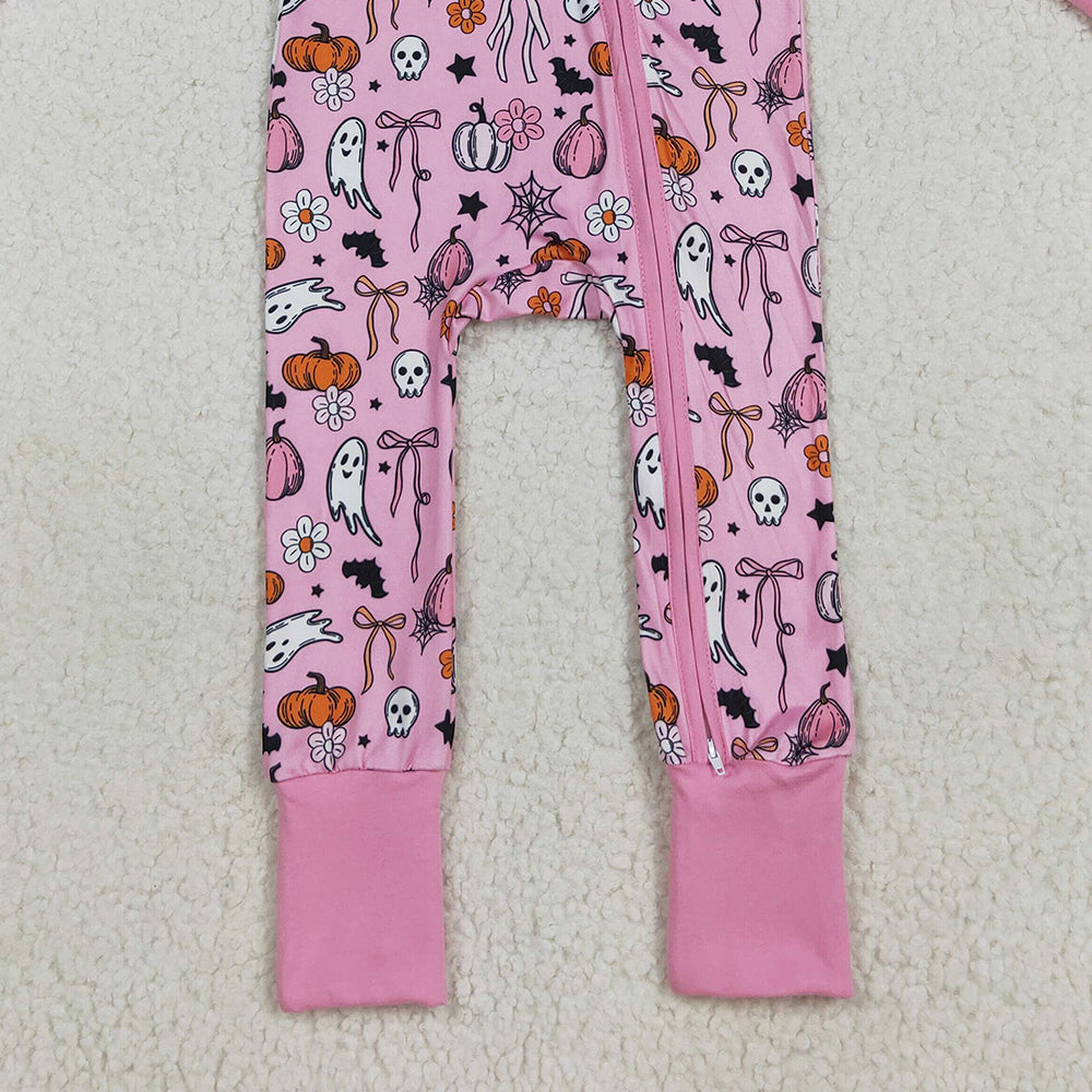 8.23 RTS NO MOQ (In stock)LR2405Baby Girls Winter Rompers Baby Girls Pink Ghost Pumpkins Halloween Zipper Footie Rompers