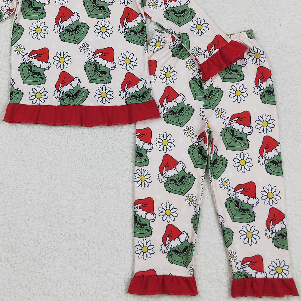 RTS NO MOQ (In stock)GLP2635 Baby Girls Winter Outfits Christmas Green Face Flowers Top Pants Pajamas Set