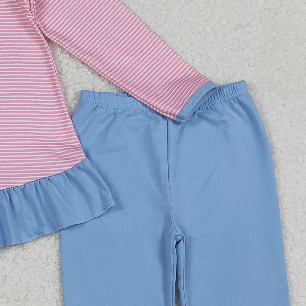 9.30 RTS NO MOQ (In stock)GLP2725 Baby Girls Winter Outfits Embroidery Dog Baby Girls Pink Stripe Tunic Blue Leggings Clothes Set