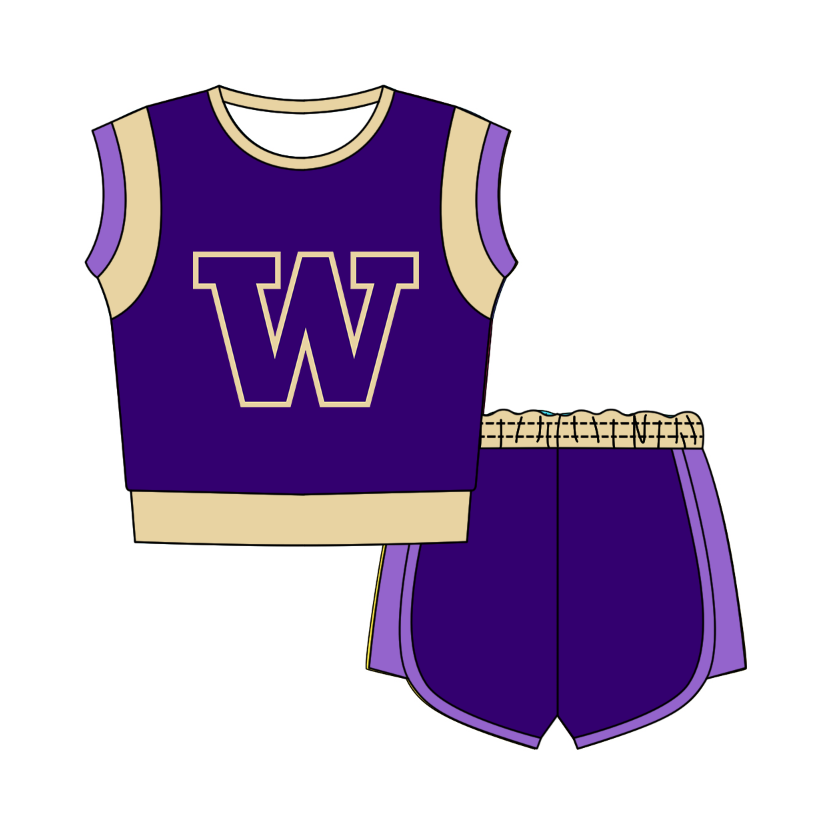 CUSTOM MOQ 5 Cute Comfortable Clothing For Kids Baby Kids Summer Purple W Sleeveless Patchwork Top Lace-up Shorts Clothes Sets