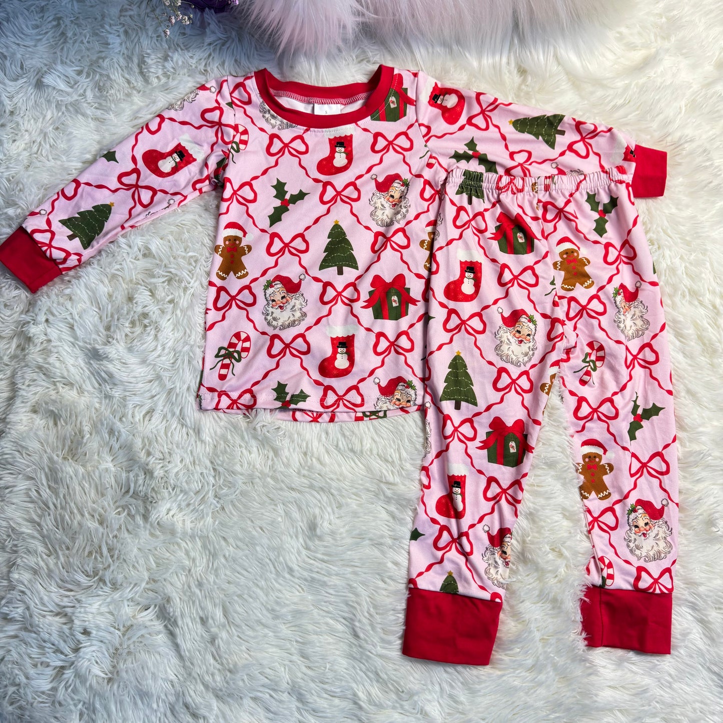 12.3 RST GLP2807 Baby Girls Red Bows Santa Gifts Checked Top Pant Christmas Pajamas Sets