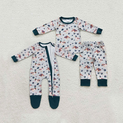 9.26 RTS Sibling Baby Boys Ducks Plaid Pajamas Sets Zipper Footed Rompers