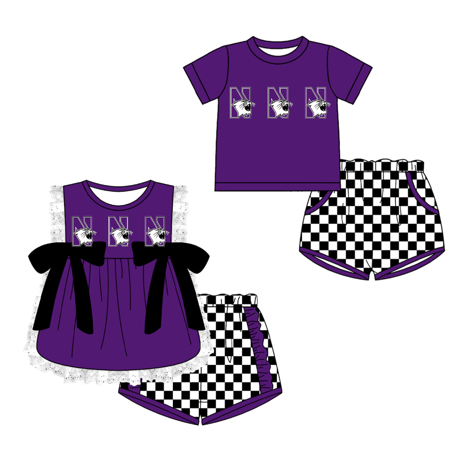 CUSTOM MOQ 5 Cute Kids Clothing Sibling Boys Baby Girls Summer Purple Bow Top Black Checked Shorts Team Clothes Sets