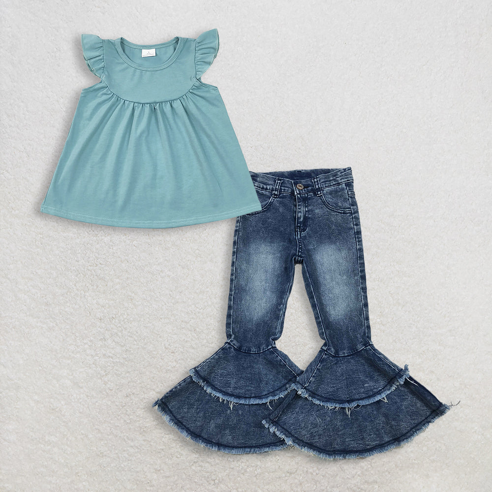 3.9 RTS NO MOQ (In stock)GT0460 + C5-15 Baby Girls Blue Cotton Flutter Sleeve Tunic Tops ruffle denim pants jeans Clothes Sets