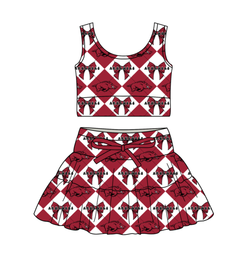 CUSTOM MOQ 5 Baby Girl Clothes Red Bow Plaid Top Skirts Yoga Active Team Clothes Sets