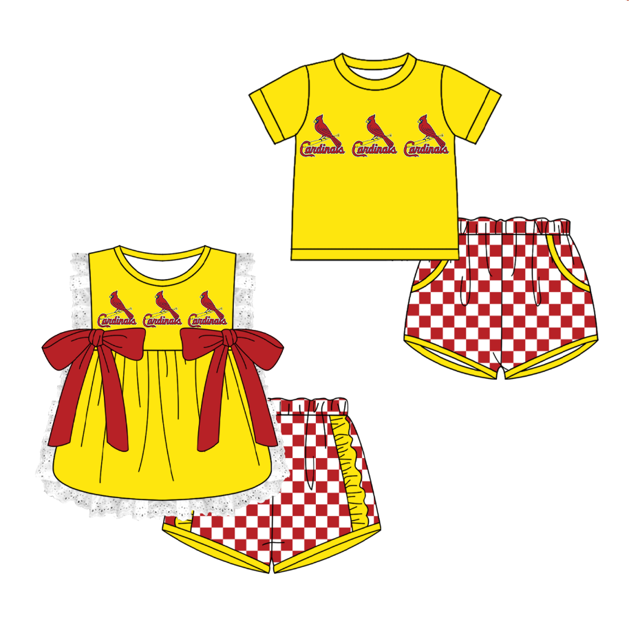 CUSTOM MOQ 5 Cute Comfortable Clothing For Kids Sibling Boys Baby Girls Summer Yellow Top Checked Shorts Team Clothes Sets