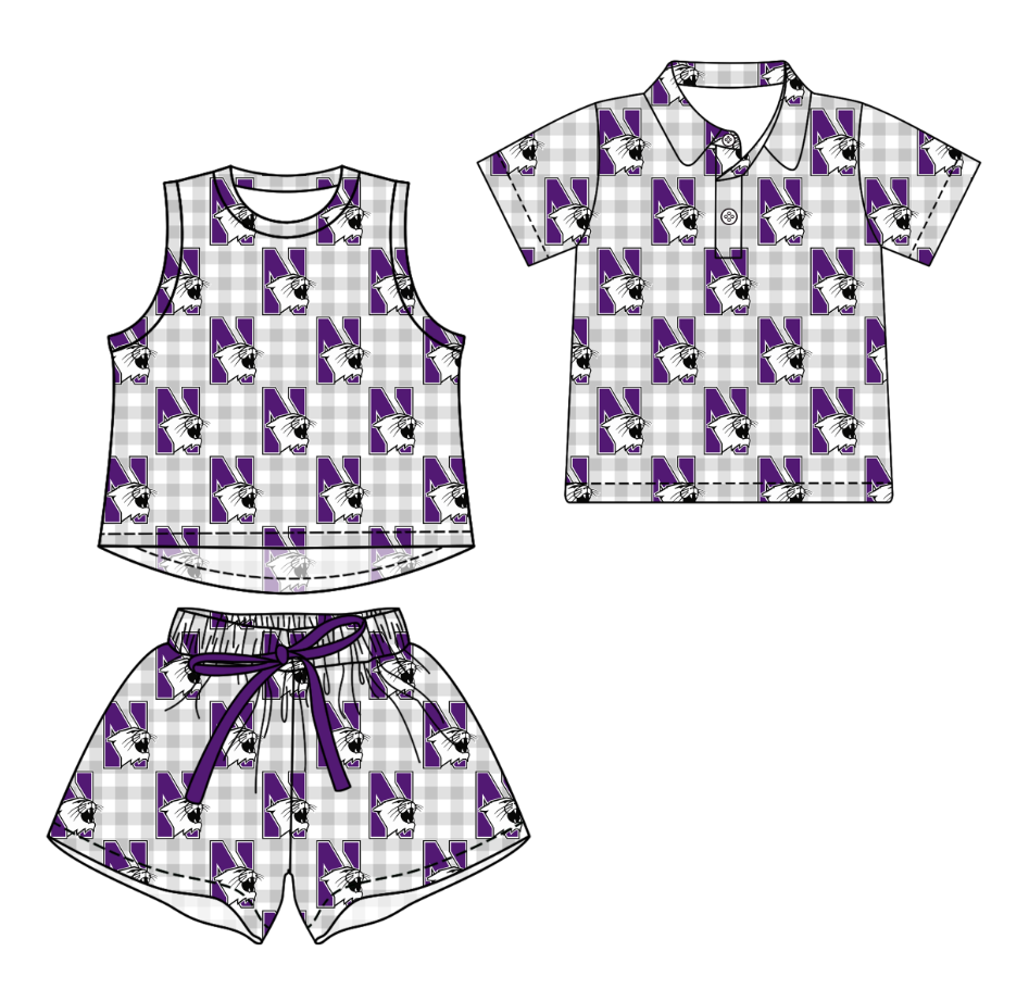 3.16 CUSTOM MOQ 5 Sibling Boys Baby Girls Summer Fashion Gray Check Sleeveless Top Shorts Button Polo Shirts Team Clothes Sets