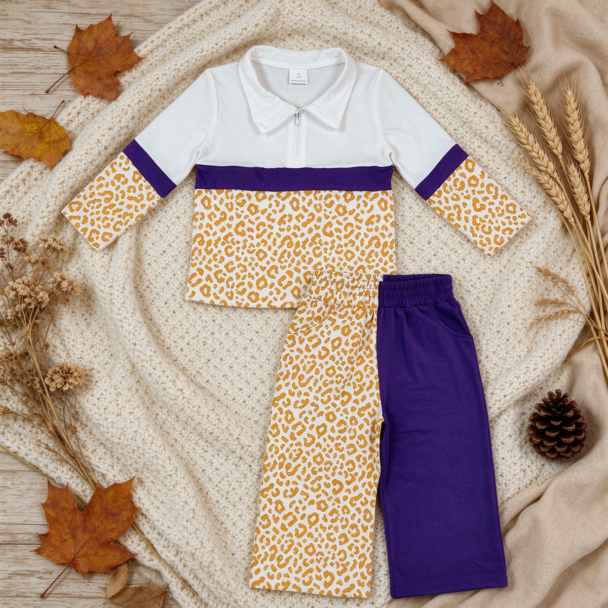 RTS NO MOQ (In stock)milk silk GLP3580 Baby Girls Color Block Purple Yellow Leopard Half Zip Collar Sweatshirt Wide Leg Pants Casual Outfit Set